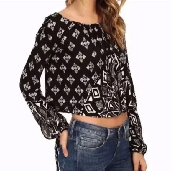 Free People Linen Blend Dazed‎ Swing Crop Top Black White Geo Print, Size Large - Picture 10 of 16